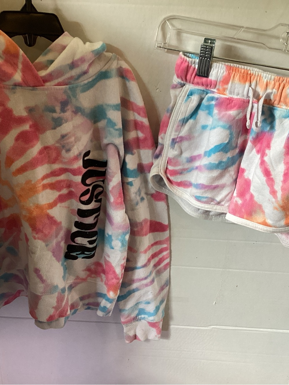 Girls Justice Multicolor Pastel Tie Dye Hoodie & Shorts 2 Piece Set size Small